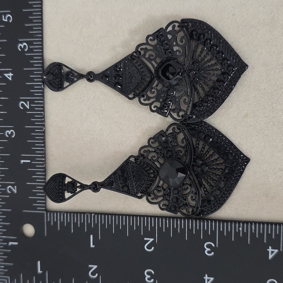 Statement Black Metal Filigree and Crystal Drop Earrings - Picture 10 of 10